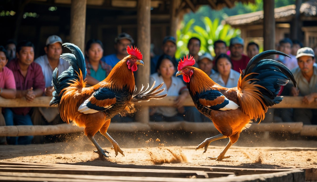 Dua ayam jago sedang bertarung di arena dengan penonton yang memperhatikan di sekitarnya.