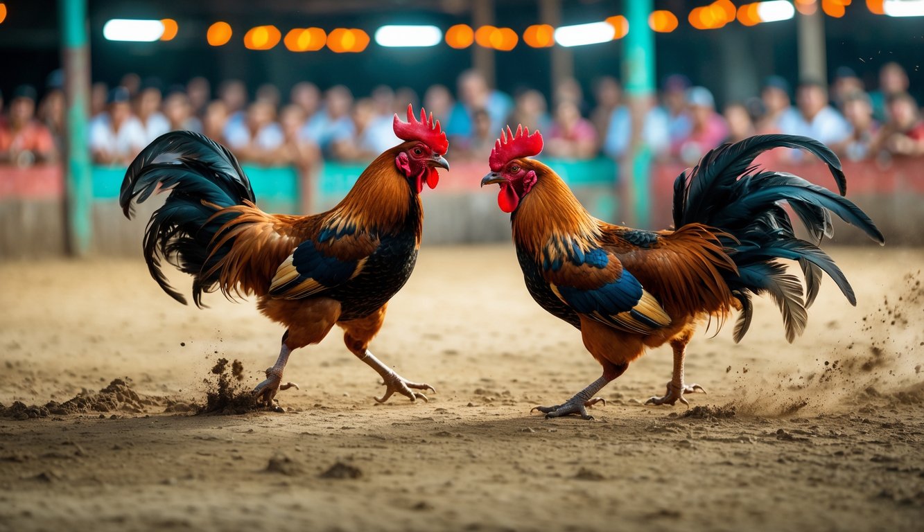 Dua ayam jago sedang bertarung di arena dengan penonton di latar belakang.