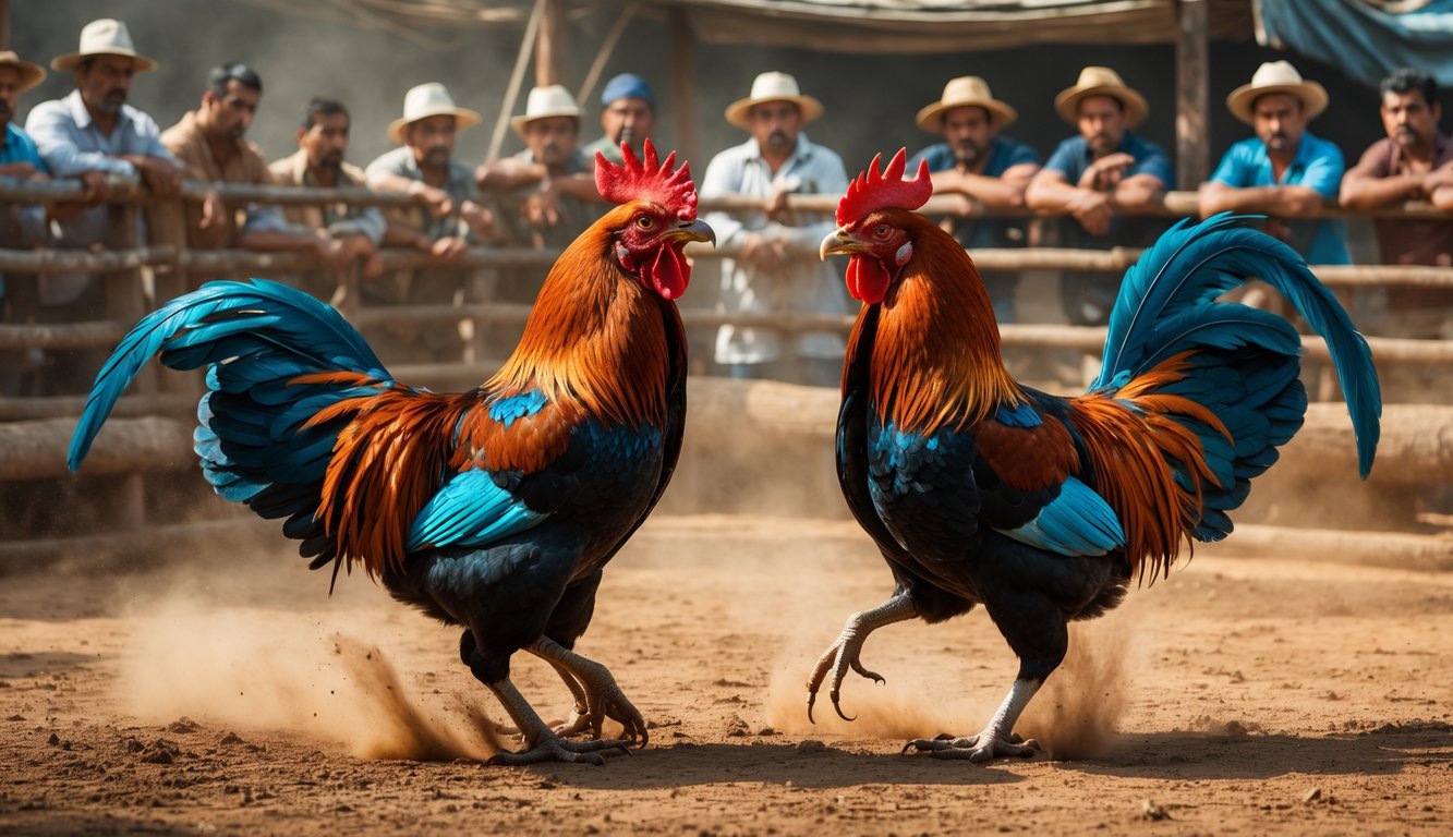 Dua ayam petarung sedang bertarung di arena sabung dengan penonton yang memperhatikan di sekelilingnya.