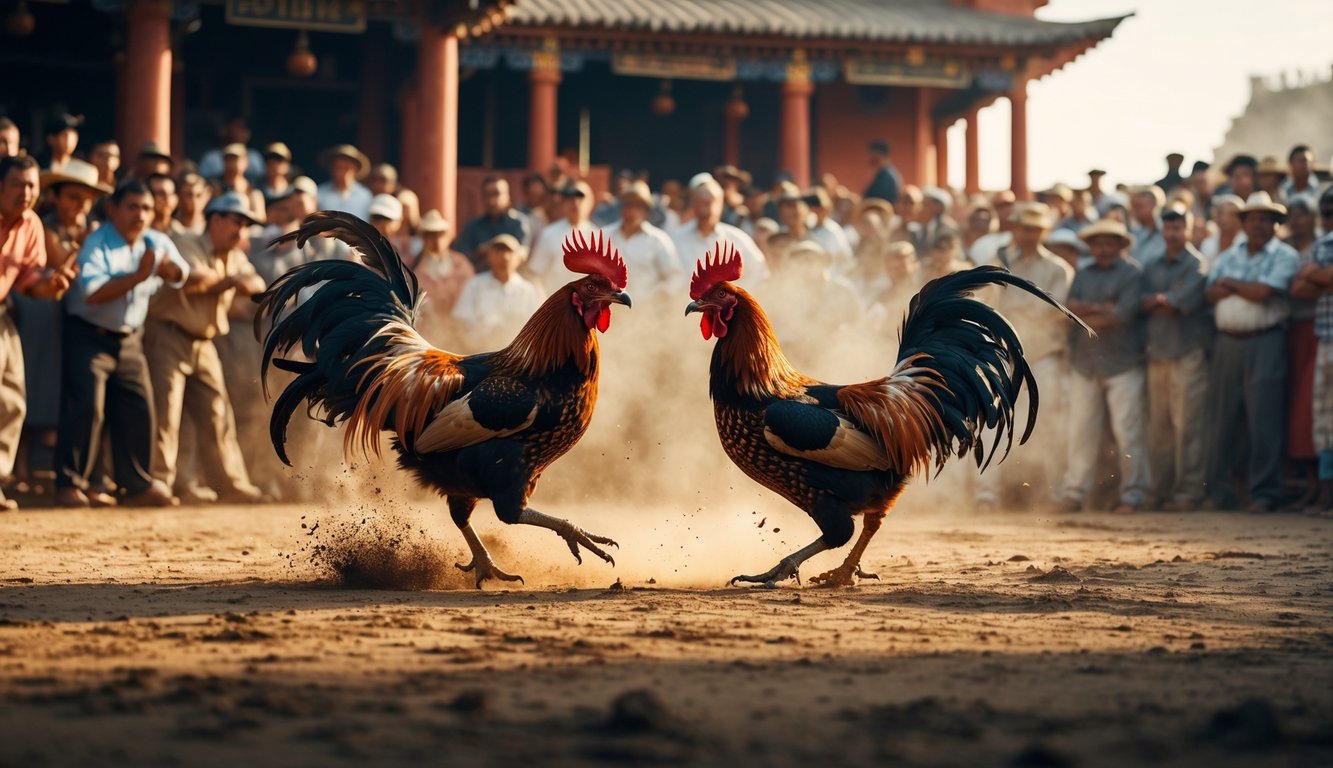 Dua ayam aduan sedang bertarung di arena dikelilingi oleh penonton yang antusias.