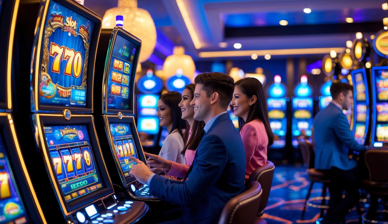 Sejumlah orang muda sedang bermain mesin slot berwarna-warni di dalam kasino yang terang dan modern.