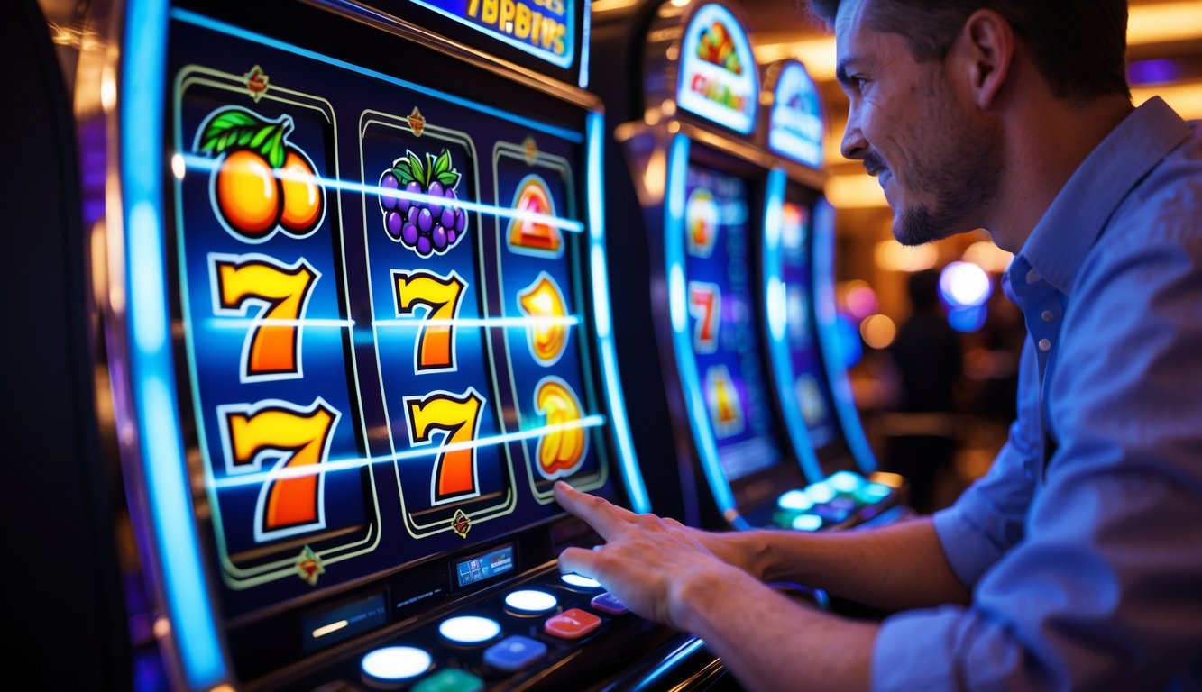 Seorang pemain menekan tombol mesin slot yang berwarna cerah dengan gulungan yang berputar di latar kasino yang ramai.
