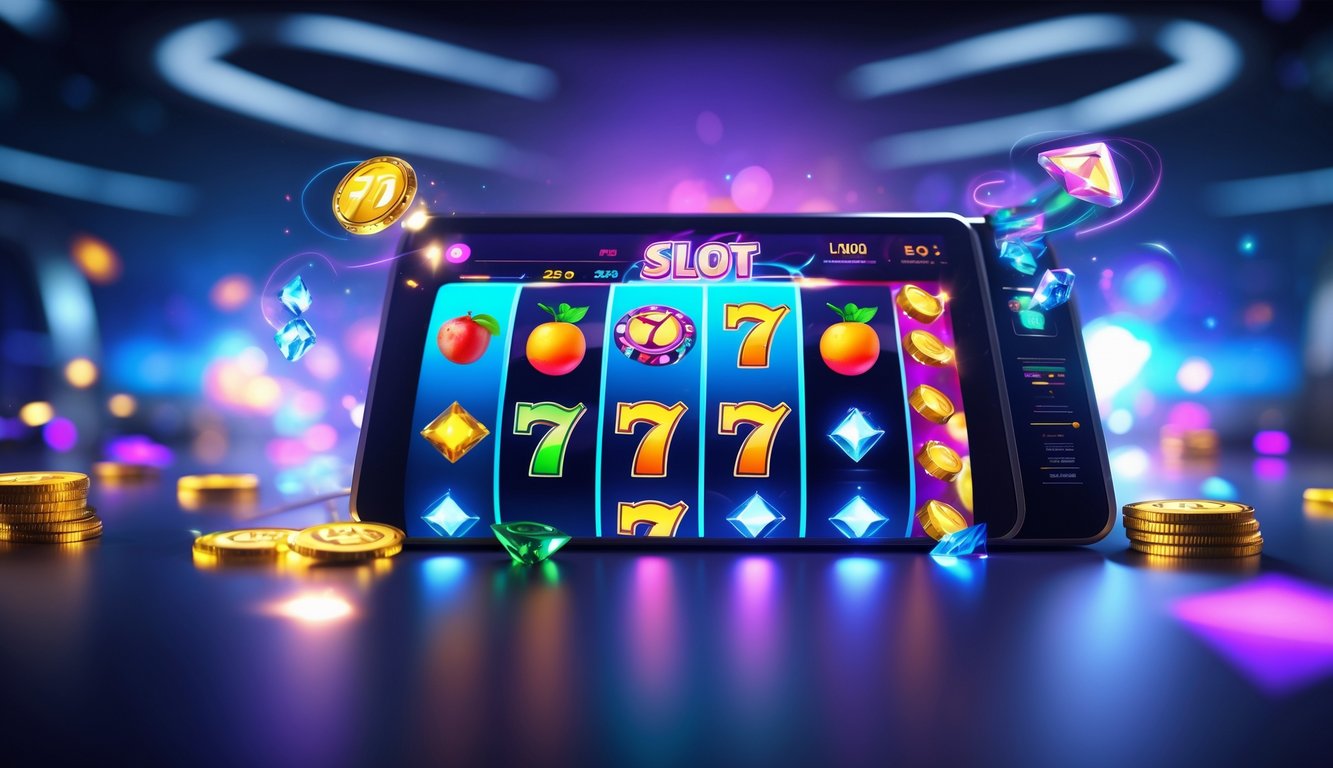 Layar komputer menampilkan permainan slot digital dengan simbol warna-warni dan efek cahaya futuristik di latar belakang gelap.