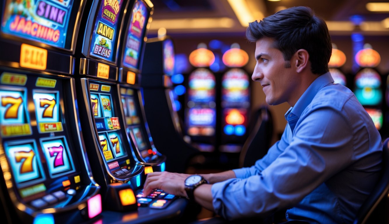 Seorang pemain slot fokus bermain di mesin slot di dalam kasino dengan latar belakang kabur.