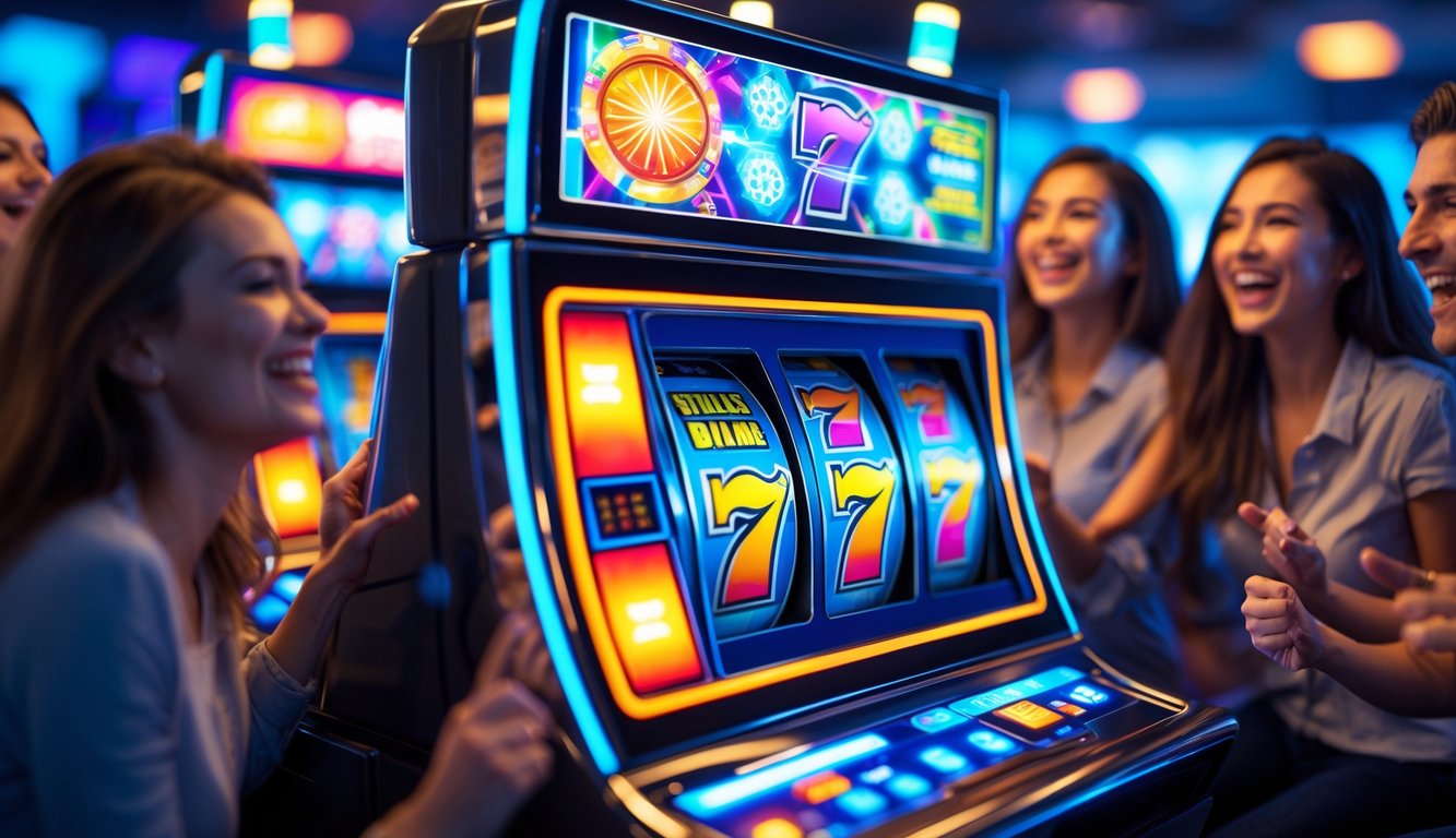 Orang-orang sedang bermain mesin slot digital dengan ekspresi senang dan antusias di sebuah ruangan yang terang.