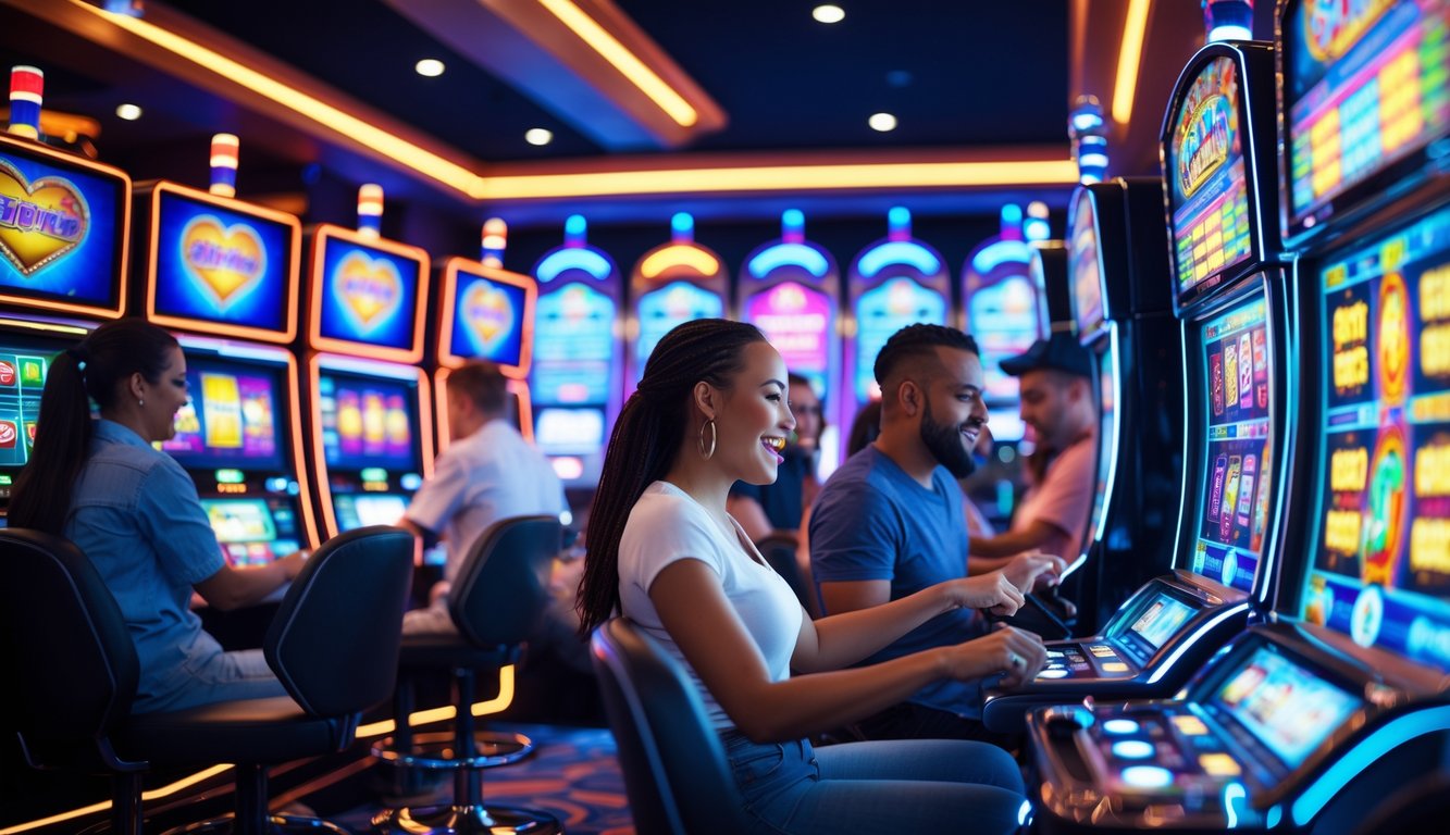 Suasana kasino modern dengan mesin slot digital berwarna-warni dan pemain yang antusias bermain game slot terbaru.