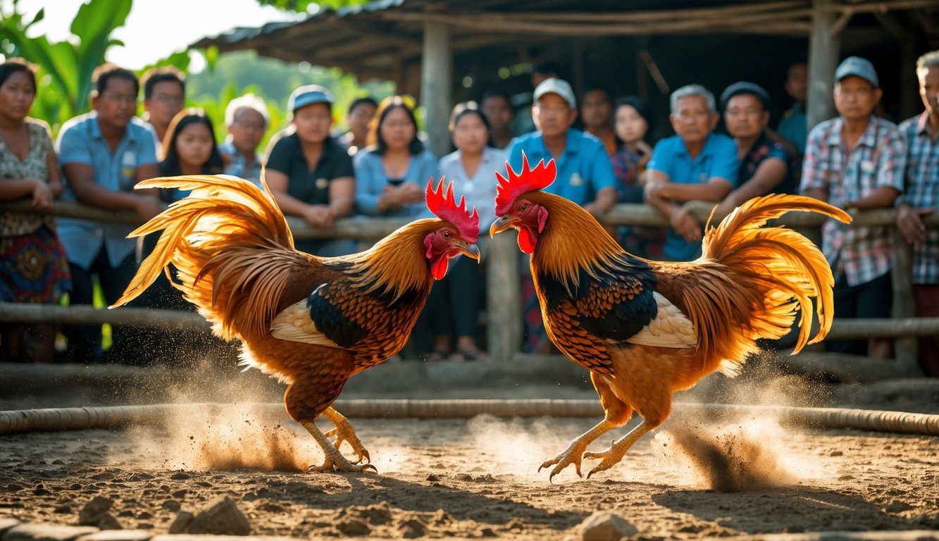 Pertarungan dua ayam jago di arena tanah dengan penonton yang memperhatikan dengan serius di latar belakang.