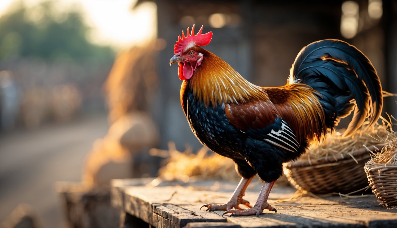 Seekor ayam petarung yang kuat berdiri di atas permukaan kayu dengan latar belakang pedesaan yang samar.