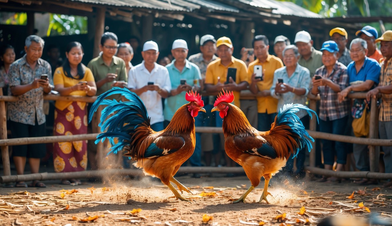 Dua ayam jago sedang bertarung di arena luar ruangan dengan penonton yang antusias di sekitarnya.