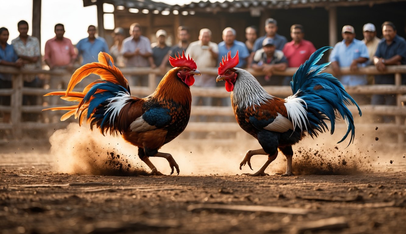 Dua ayam jago sedang bertarung di arena sabung ayam dengan penonton yang memperhatikan di sekitarnya.