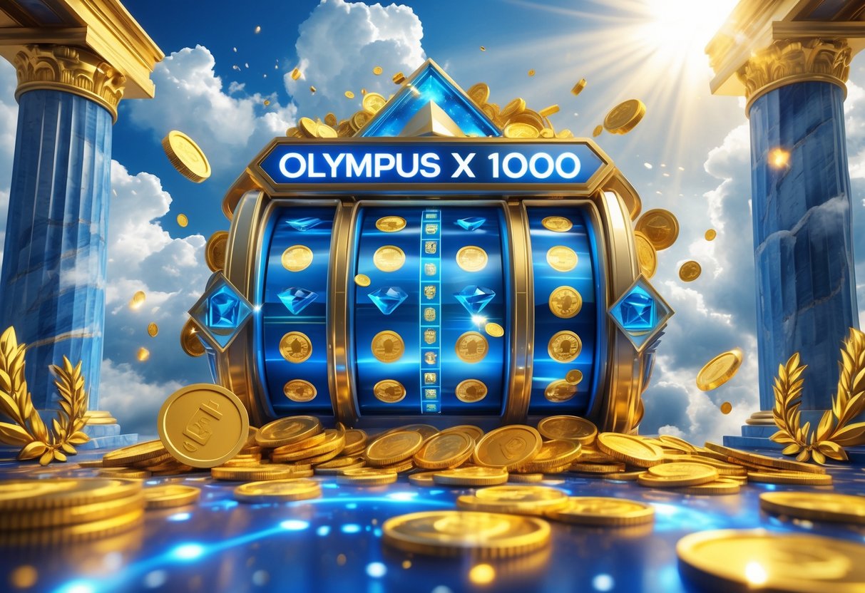 Mesin slot futuristik di lingkungan mitologi dengan koin emas dan latar langit cerah yang menunjukkan kemajuan dan keberhasilan.