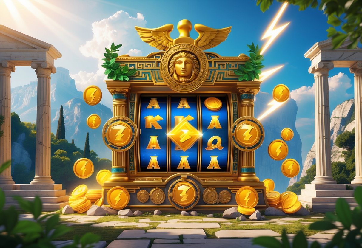 Mesin slot bertema Olympus Yunani kuno dengan latar kuil megah dan simbol mitologi yang bersinar.