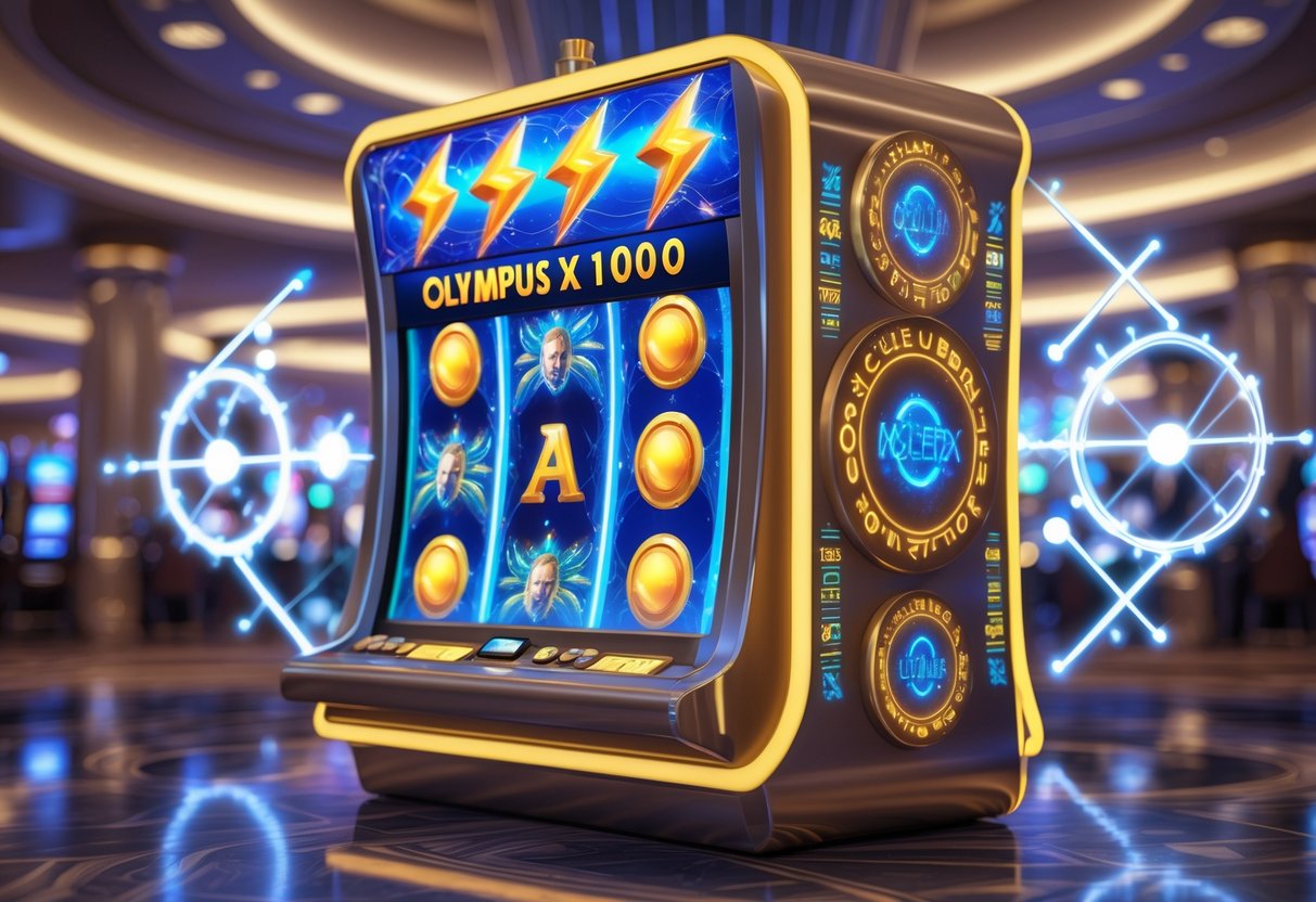 Mesin slot Olympus X 1000 futuristik dengan simbol mitologi Yunani dan elemen grafis pola kemenangan di dalam kasino yang elegan.