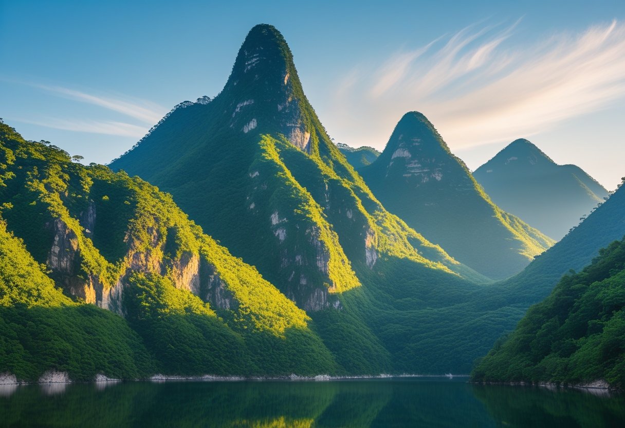Vue d'une montagne imposante appelée Jade Mountain avec des sommets verts et un lac calme au premier plan.