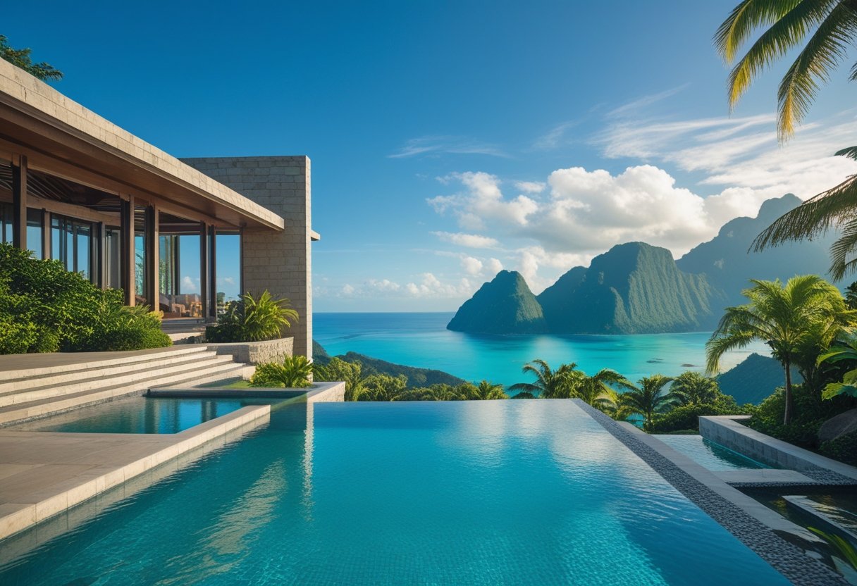 Vue panoramique de Jade Mountain avec ses terrasses en pierre, piscines à débordement, montagnes verdoyantes et océan turquoise en arrière-plan.