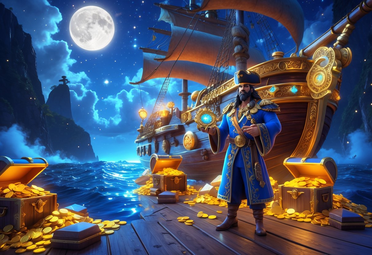 Sebuah kapal bajak laut megah berlayar di lautan mistis dengan harta karun berkilauan di sekitarnya dan seorang kapten berdiri di dek kapal.
