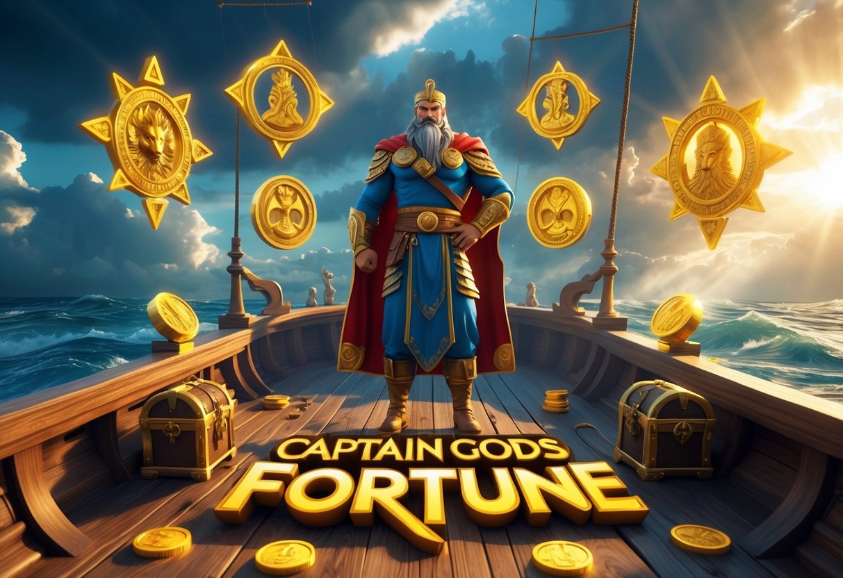 Seorang kapten berdiri di atas kapal kuno dengan simbol-simbol dewa dan harta karun di sekitarnya, di bawah langit dramatis yang menunjukkan petualangan dan keberuntungan.