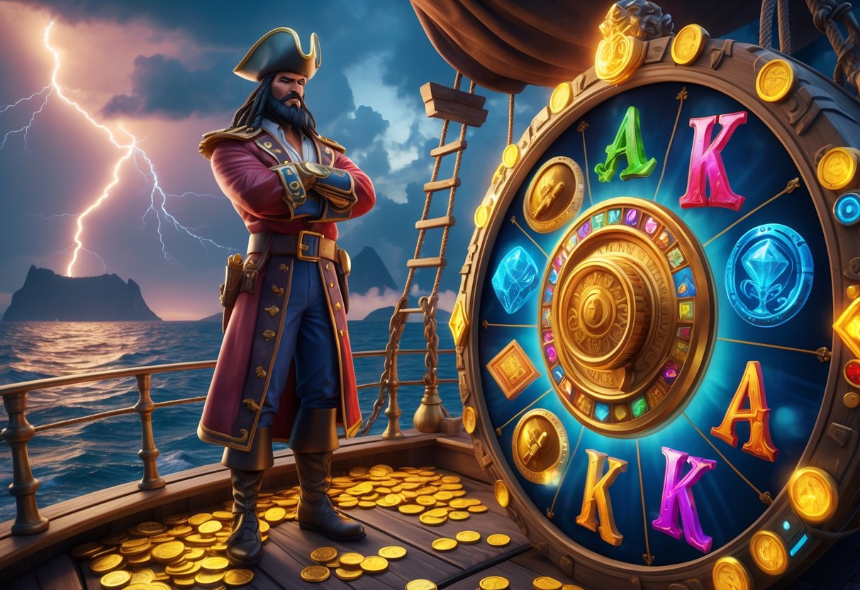 Seorang kapten bajak laut berdiri di kapal harta karun dengan koin emas dan gulungan slot di sekitarnya, di tengah laut yang bergelora dan langit dramatis.
