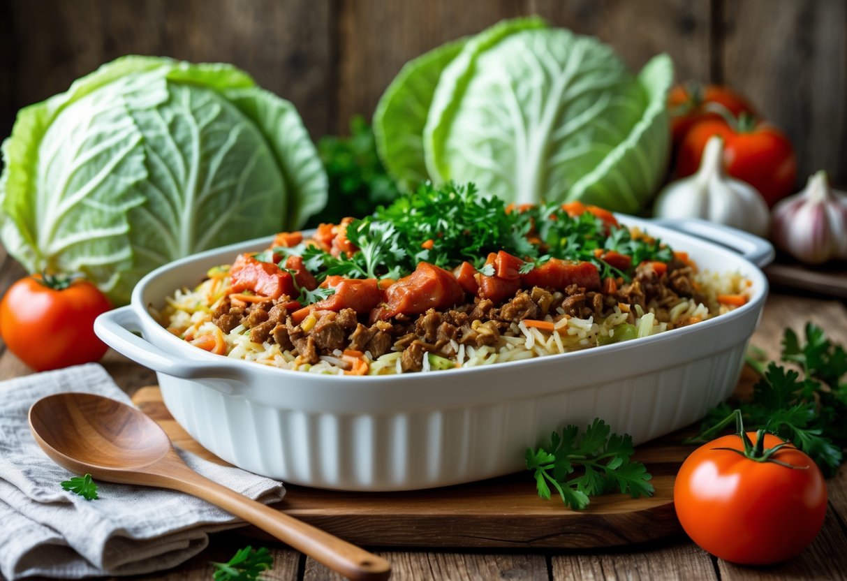A baking dish filled with layers of cabbage, ground beef, tomato sauce, and rice, garnished with parsley on a wooden table.