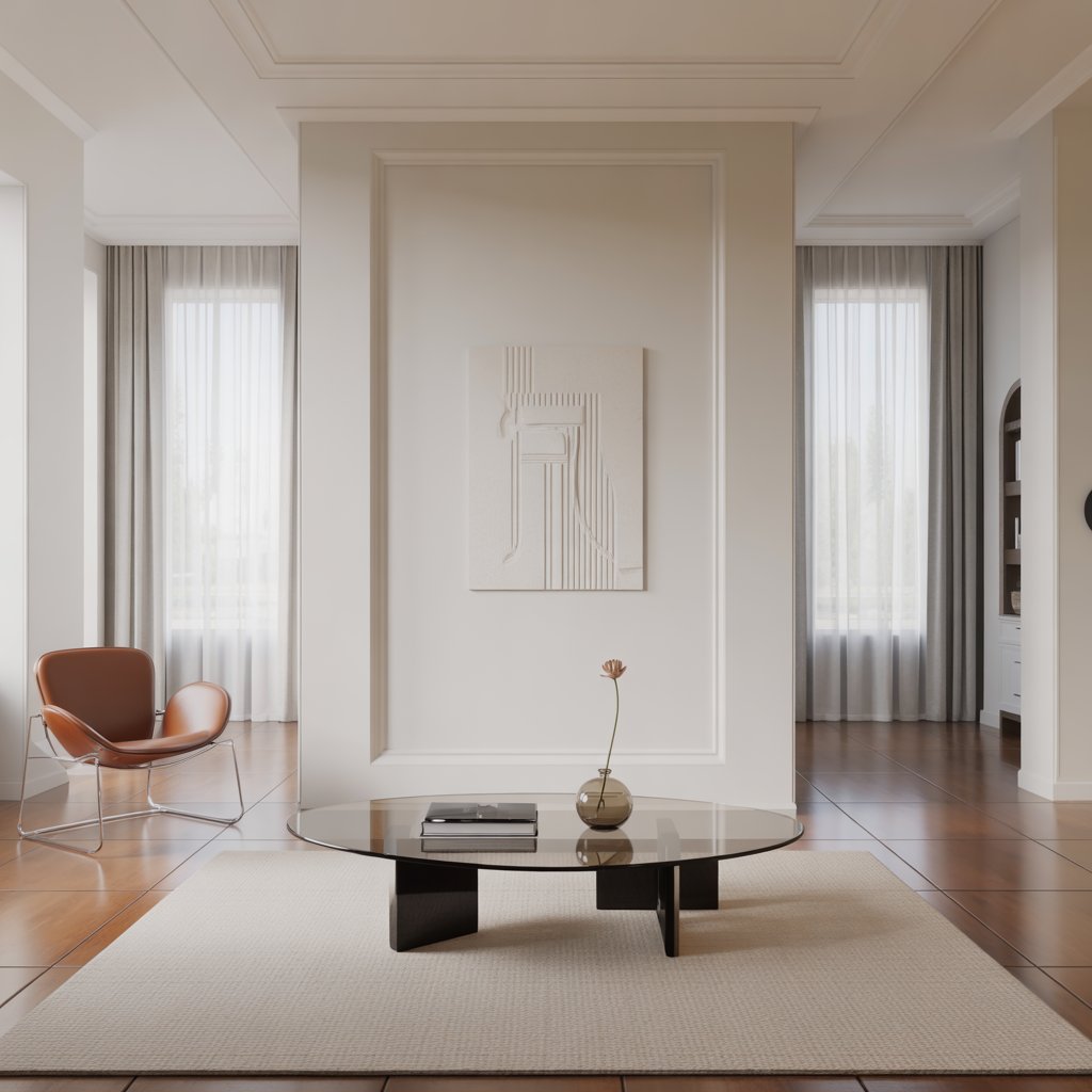 A modern living room with minimal furniture and decorative accents, featuring a single chair, a glass coffee table with a vase, and large windows letting in natural light.