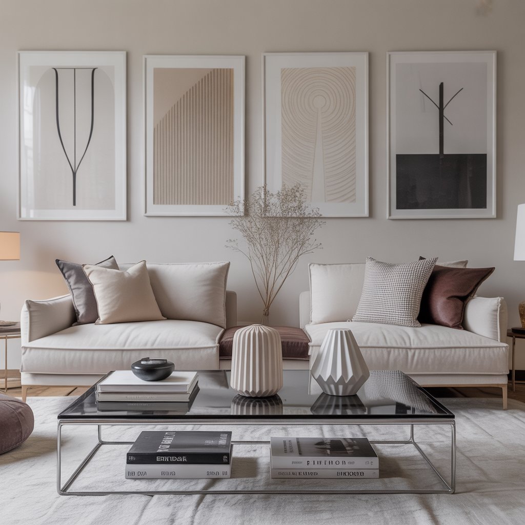A modern living room with perfectly arranged furniture and decorative items, appearing clean and impersonal with no personal belongings.