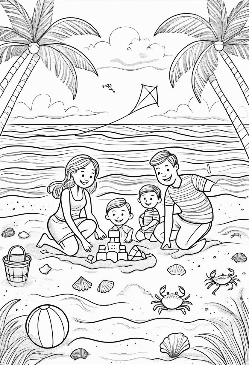 Family Day Coloring Pages: Celebrate Love, Togetherness & Creativity 19 A family of four playing together on the beach with sandcastles, a kite, seashells, palm trees, and a crab near the water.