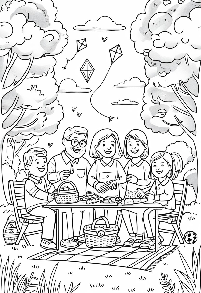 Family Day Coloring Pages: Celebrate Love, Togetherness & Creativity 20 A multigenerational family spending a joyful day outdoors, with grandparents, parents, and children playing, flying kites, and having a picnic in a park.