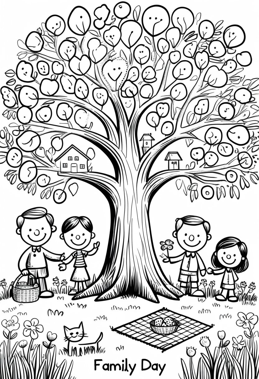Family Day Coloring Pages: Celebrate Love, Togetherness & Creativity 21 A family tree with smiling family members of different ages sitting and standing around it, a small house nearby, a picnic setup, a pet, and grass with flowers.