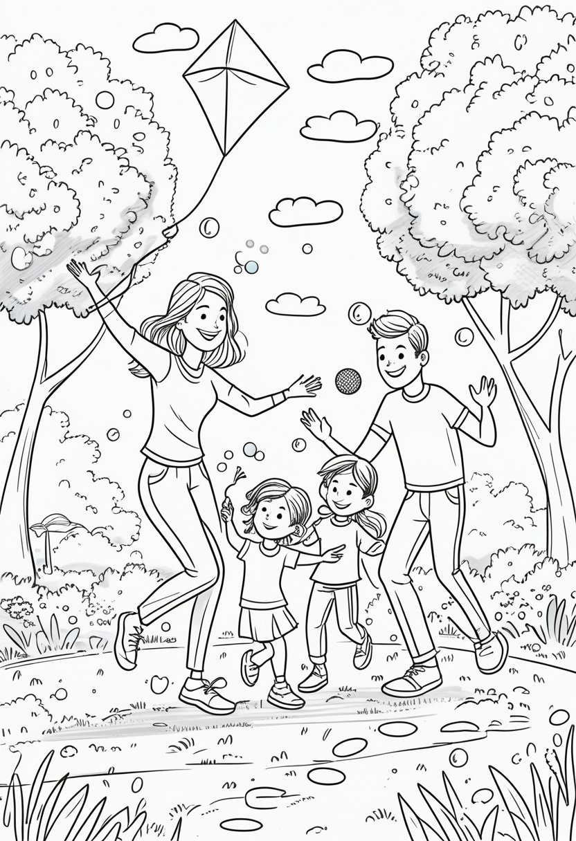 Family Day Coloring Pages: Celebrate Love, Togetherness & Creativity 22 A family with parents and two children playing outdoors, flying a kite, playing catch, and blowing bubbles in a park.