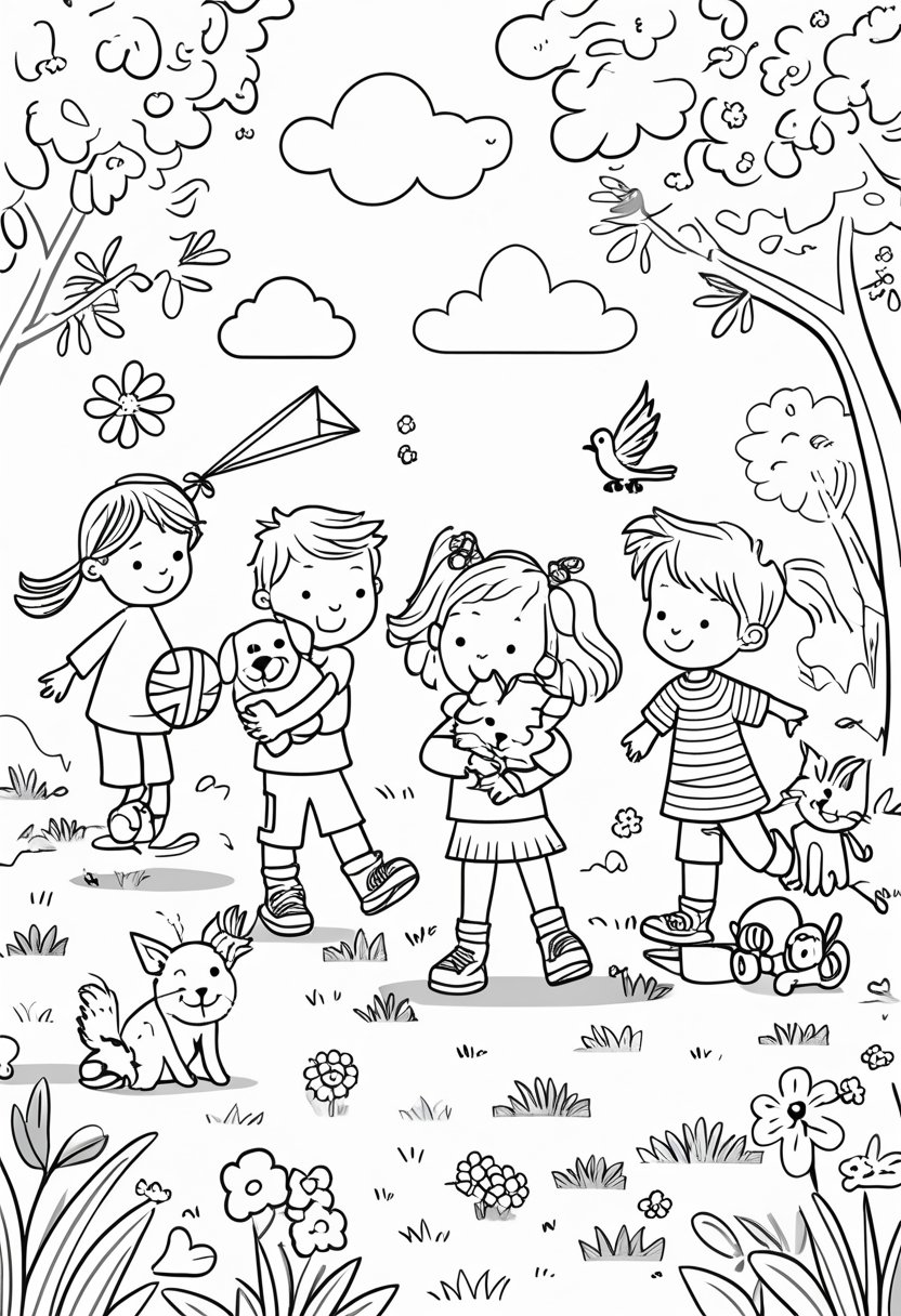 Family Day Coloring Pages: Celebrate Love, Togetherness & Creativity 23 Three children playing outside with a dog, cat, rabbit, and bird among trees, flowers, and clouds.