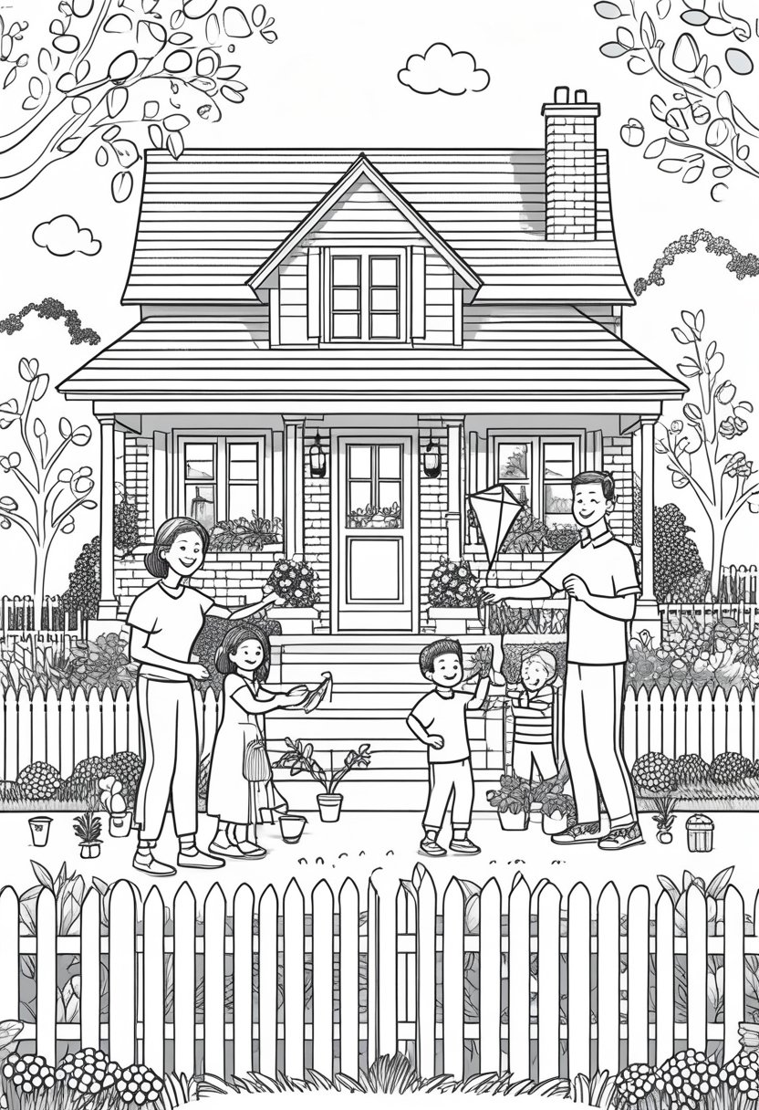 Family Day Coloring Pages: Celebrate Love, Togetherness & Creativity 24 A family of four enjoying time together outside their house with a garden, trees, and a picket fence.