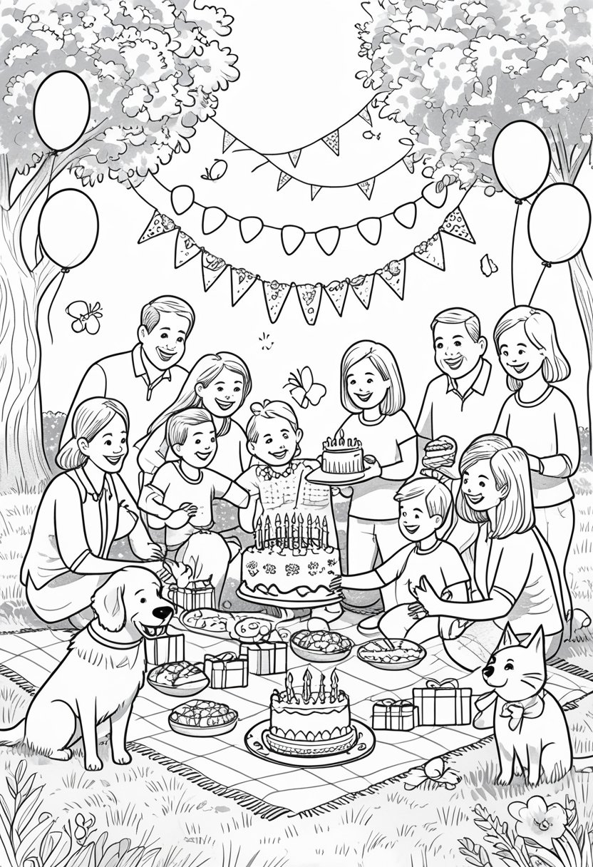Family Day Coloring Pages: Celebrate Love, Togetherness & Creativity 26 A family of different ages enjoying a celebration outdoors with balloons, a picnic, a birthday cake, pets, and a kite flying in the sky.