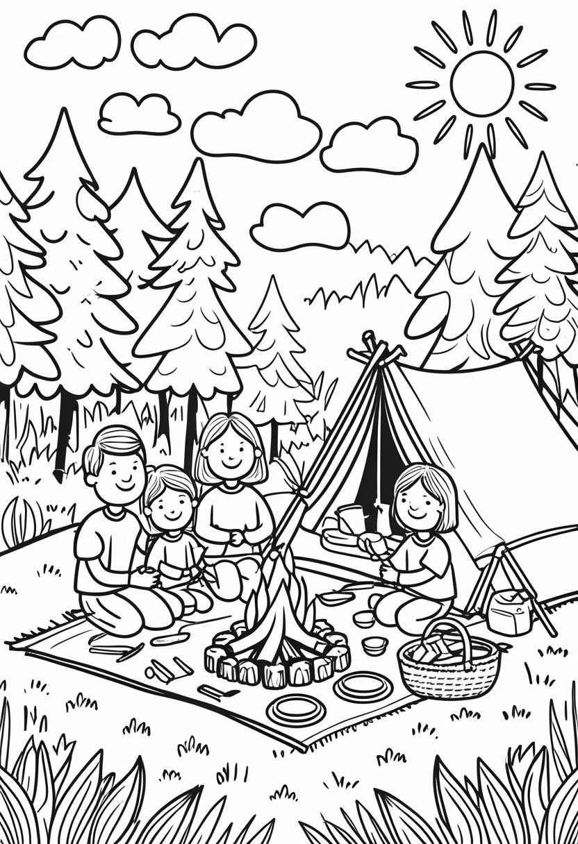 Family Day Coloring Pages: Celebrate Love, Togetherness & Creativity 27 A family of four camping outdoors with a tent, campfire, picnic blanket, trees, sun, and clouds.