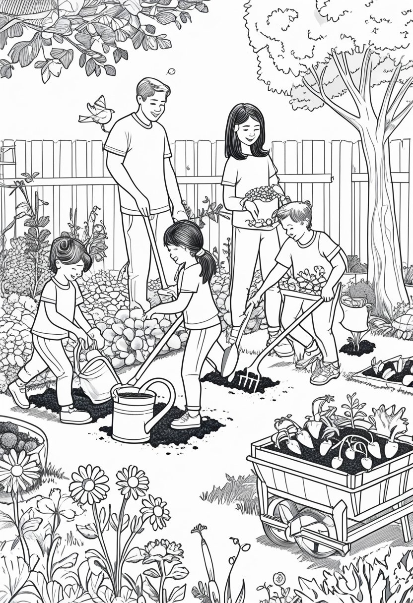 Family Day Coloring Pages: Celebrate Love, Togetherness & Creativity 28 A family of four gardening together in a backyard with flowers, plants, vegetables, and garden tools.