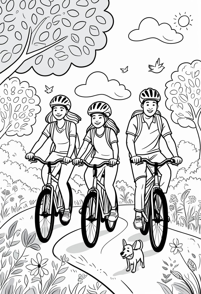 Family Day Coloring Pages: Celebrate Love, Togetherness & Creativity 29 A family of four riding bicycles together on a winding path through a park with trees, flowers, birds, and a dog running alongside.