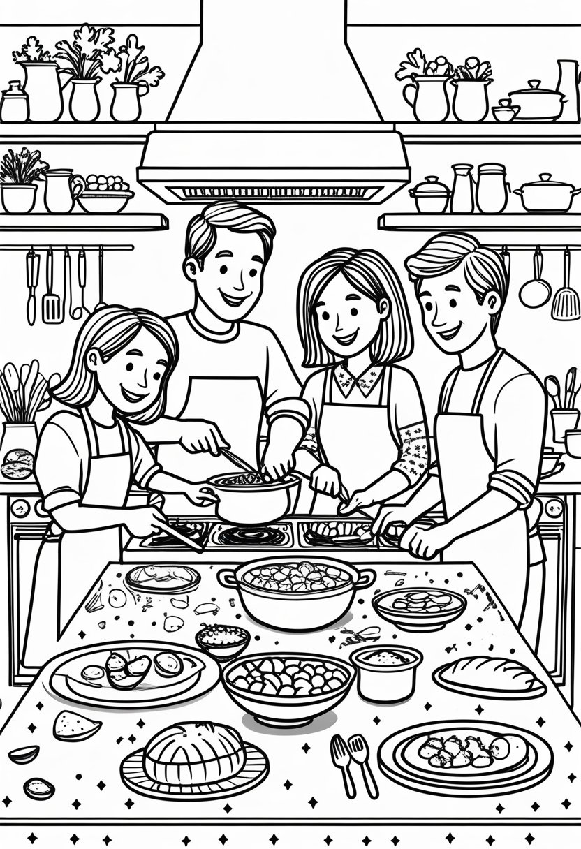Family Day Coloring Pages: Celebrate Love, Togetherness & Creativity 30 A family of four cooking together in a kitchen, with two adults and two children preparing food and setting the table.