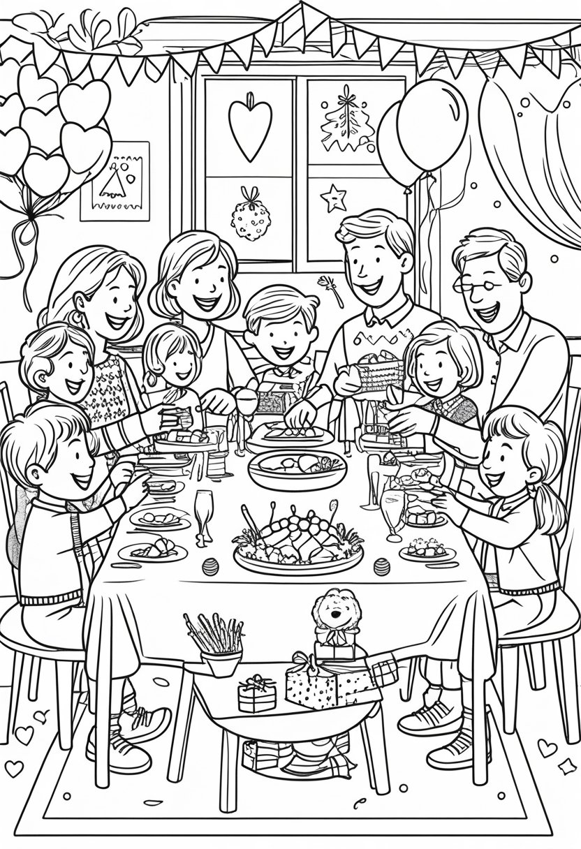 Family Day Coloring Pages: Celebrate Love, Togetherness & Creativity 31 A family of all ages gathered around a table sharing a meal, playing games, and exchanging gifts in a festive room decorated with balloons and streamers.