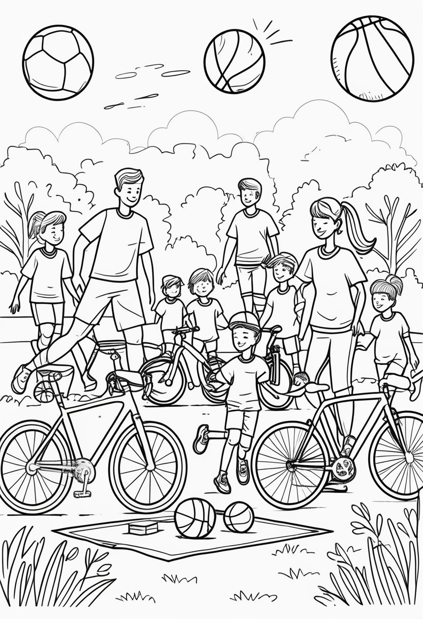 Family Day Coloring Pages: Celebrate Love, Togetherness & Creativity 32 A family playing soccer, basketball, and riding bicycles together in a park on a sunny day.