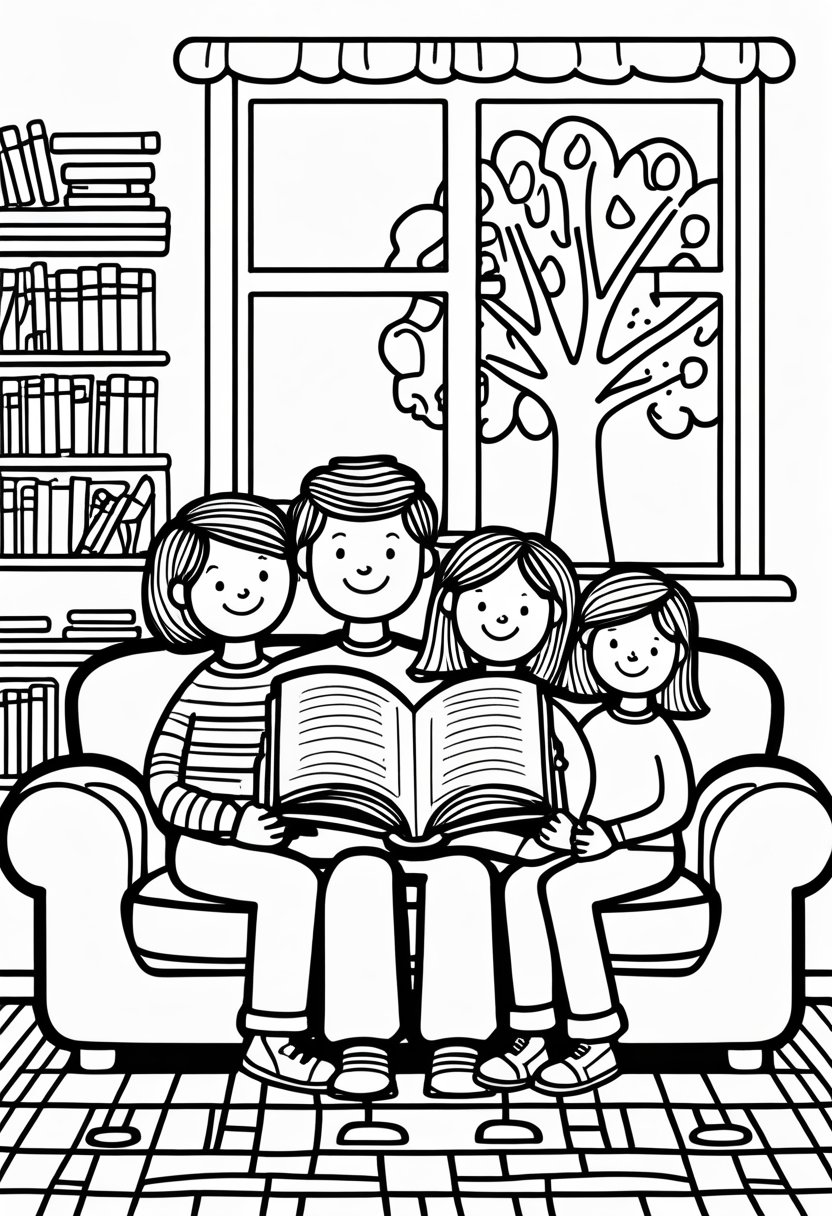 Family Day Coloring Pages: Celebrate Love, Togetherness & Creativity 33 A family of four sitting together on a sofa reading a book, with a bookshelf and a window showing a tree in the background.