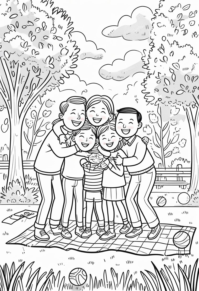 Family Day Coloring Pages: Celebrate Love, Togetherness & Creativity 34 A family of four hugging each other happily in a park with trees, a picnic blanket, a ball, and a kite in the background.