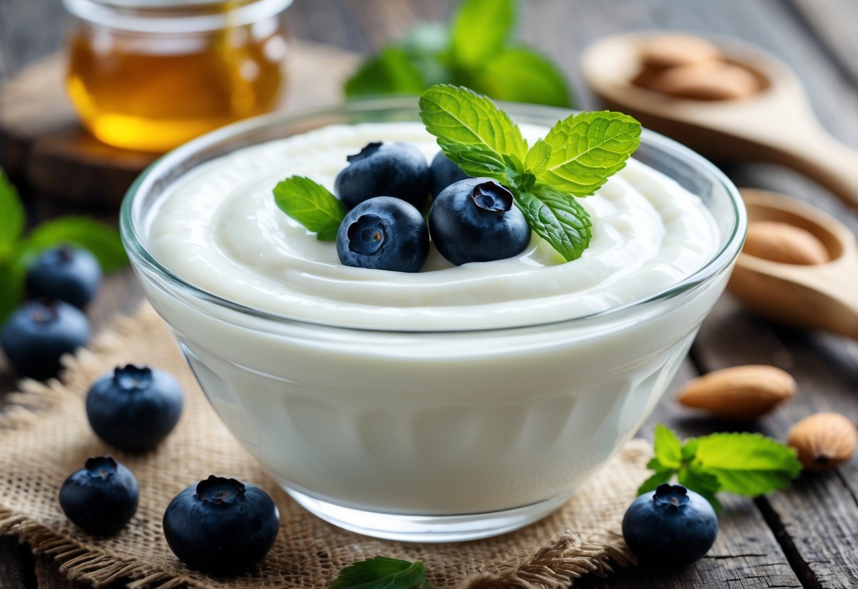 A bowl of creamy Greek yogurt topped with blueberries and mint on a wooden table with honey and almonds nearby.