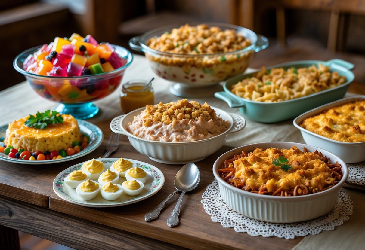 A table set with five classic church potluck dishes including gelatin salad, tuna casserole, deviled eggs, macaroni and cheese, and green bean casserole.