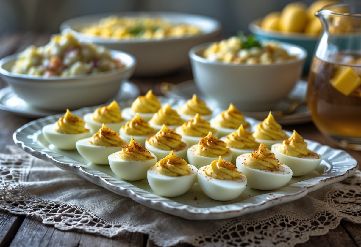 Plate of deviled eggs on a table with other traditional potluck dishes and a pitcher of iced tea.