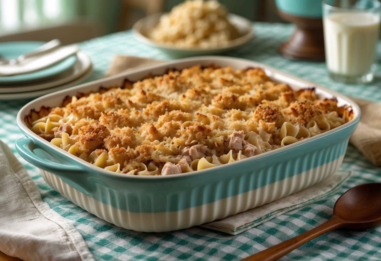 A freshly baked tuna noodle casserole in a ceramic dish on a kitchen table with a glass of milk and a wooden spoon.