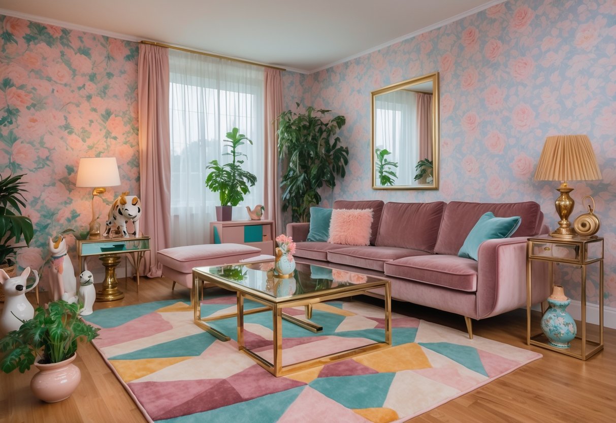A living room with floral wallpaper, a geometric rug, a velvet sofa, a glass coffee table, and various decorative items on display.