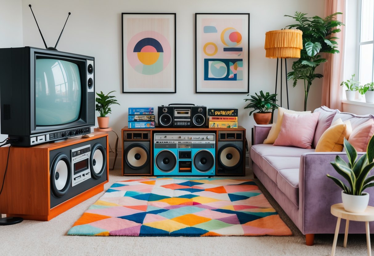 A living room with a bulky TV, rotary phone, boombox, patterned rug, wood-paneled entertainment center, and a plush sofa with throw pillows.