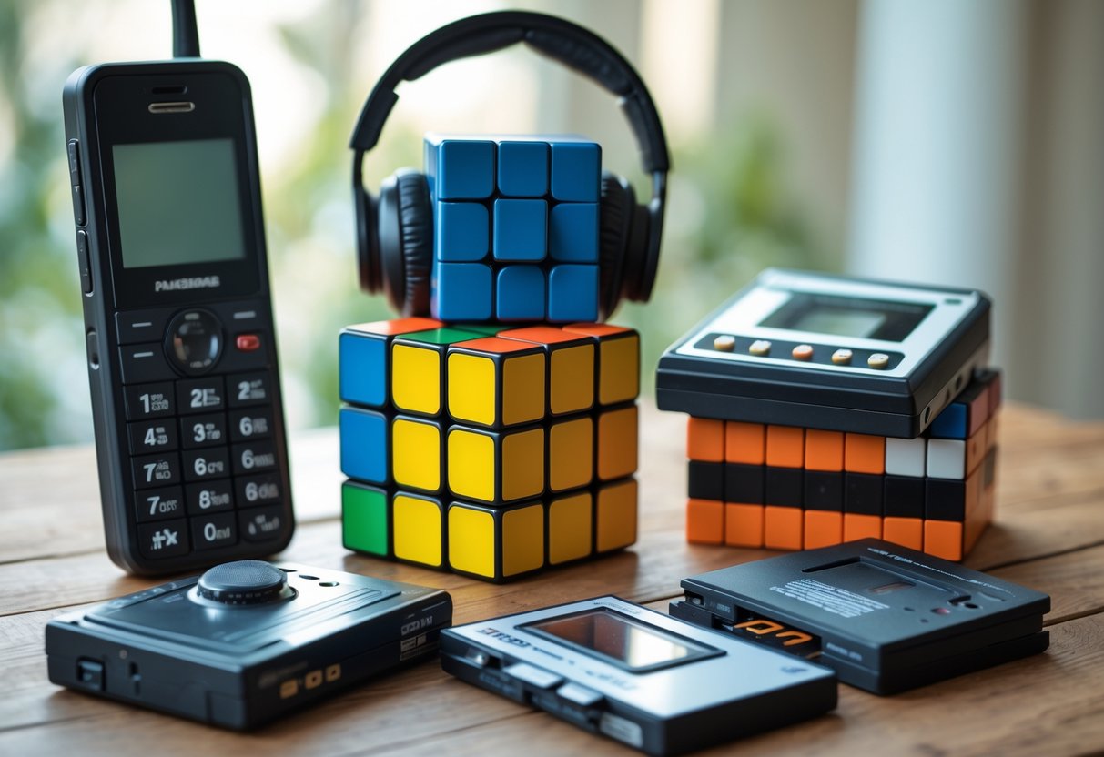 A collection of five everyday 1980s items including a brick mobile phone, portable cassette player with headphones, Rubik's Cube, handheld electronic game, and floppy disks arranged on a wooden table.