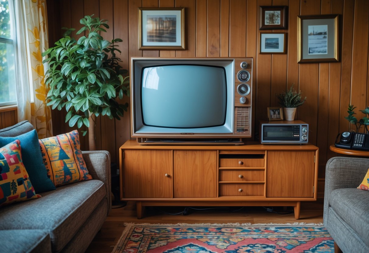 A living room with a large tube television in a wooden console surrounded by a sofa, side table with a rotary phone, and decorative items.