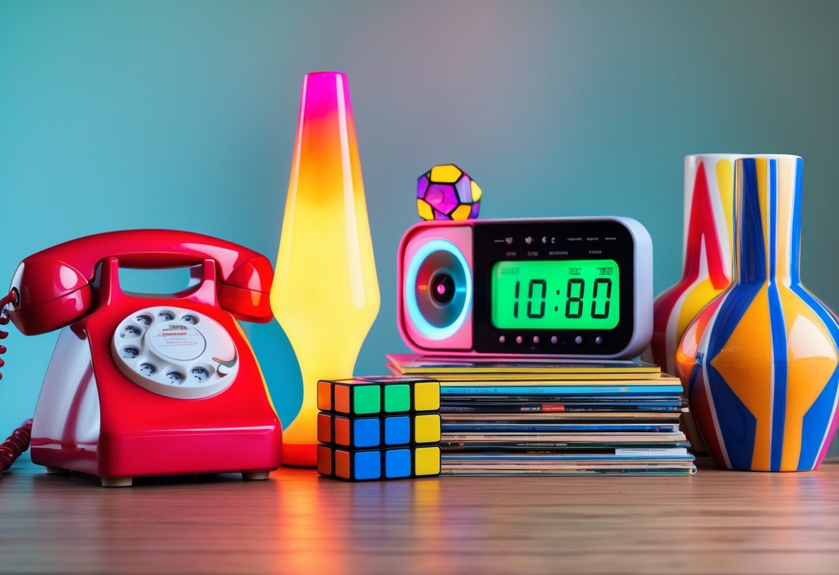 Six classic 1980s home accessories displayed together on a wooden surface, including a rotary phone, lava lamp, Rubik's Cube, digital alarm clock, patterned vases, and vinyl records.