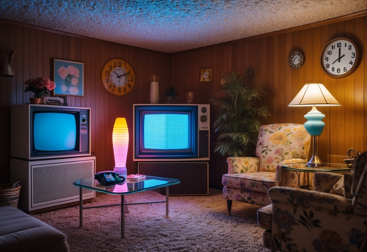 A 1980s home interior with popcorn ceilings, a rotary phone, lava lamp, CRT television, analog clock, shag carpet, and retro furniture.